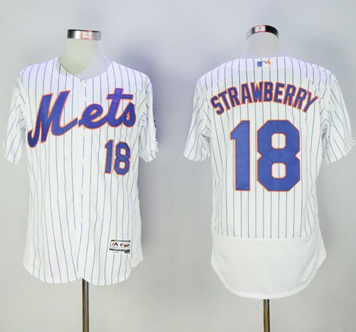 Mets #18 Darryl Strawberry White(Blue Strip) Flexbase Authentic Collection Stitched MLB Jersey - Click Image to Close